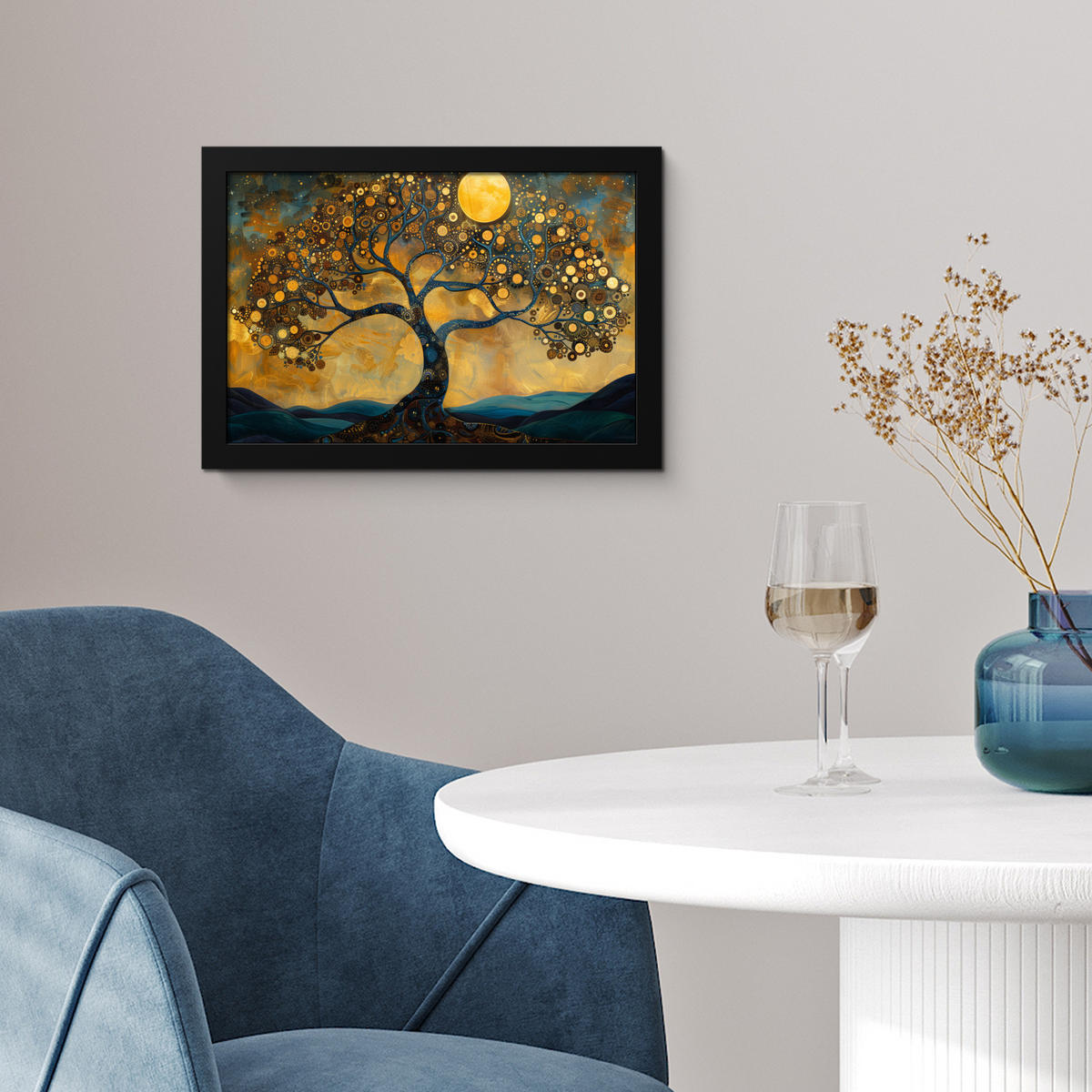 POSTER MIT RAHMENGERAHMTES BILD Baum - Mond - Blumen - Gold - Kunst 30x20 cm - Orange, Papier (30/20cm) - MuchoWow
