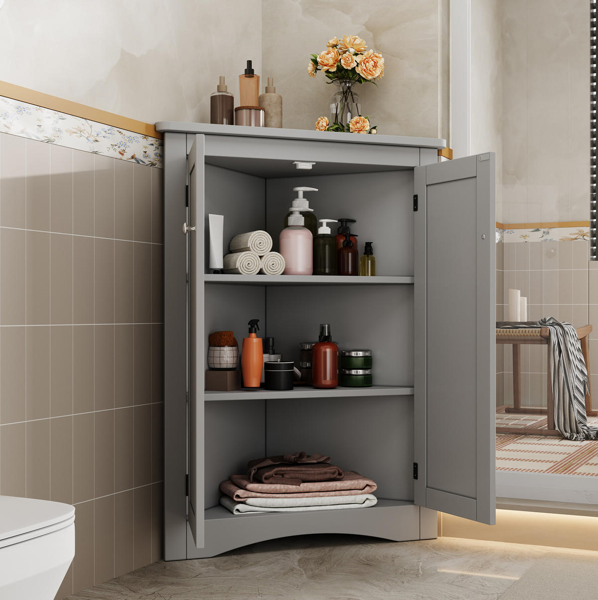 ROHOVÁ skrinka z MDF 61,5x34,5x80 cm sivá s 2 dvierkami a 3 úložnými priehradkami - sivá, kompozitné drevo (34.5/90/61.5cm) - Modfu