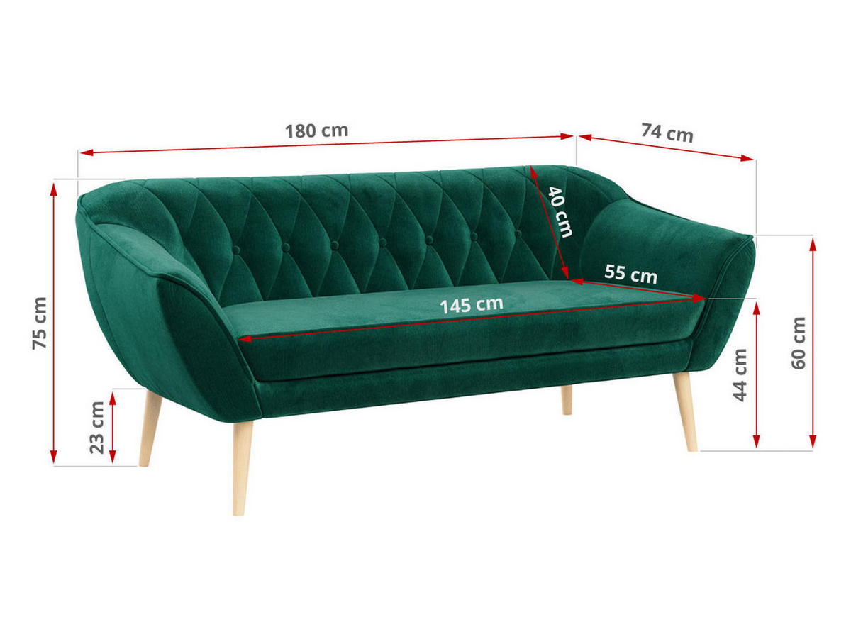 SOFA Pirs 3 Sitzer Velvet Dunkelgrün - Dunkelgrün/Braun, Holz/Textil (180/75/74cm) - MKS