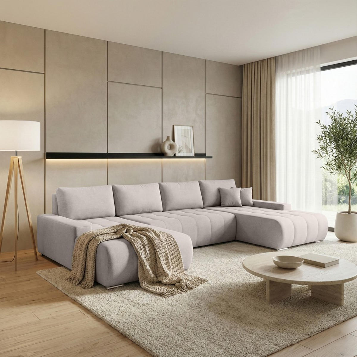 WOHNLANDSCHAFT Draco U beige - Chromfarben/Beige, Textil/Metall (350/85/185cm) - Beautysofa