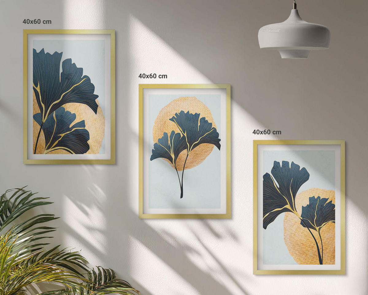 BILDER SET 3er Set - 40x60 cm Goldrahmen - Ginkgoblätter, heller Hintergrund - Goldfarben, Kunststoff (40/60cm) - TULUP