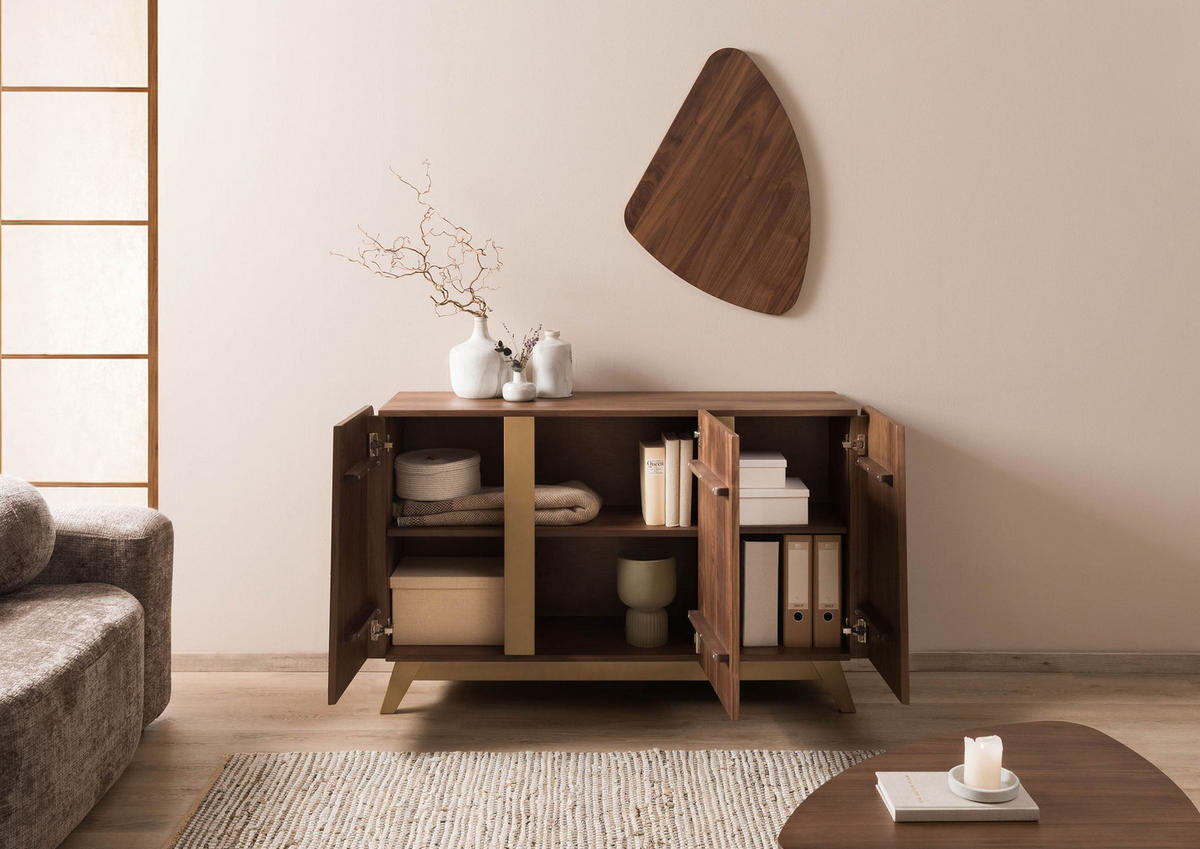 SIDEBOARD Nussbaum-Echtholzfurnier 150x45x85 braun lackiert BUTTERFLY #108 - Braun, Holz (150/85/45cm) - Massivmoebel24