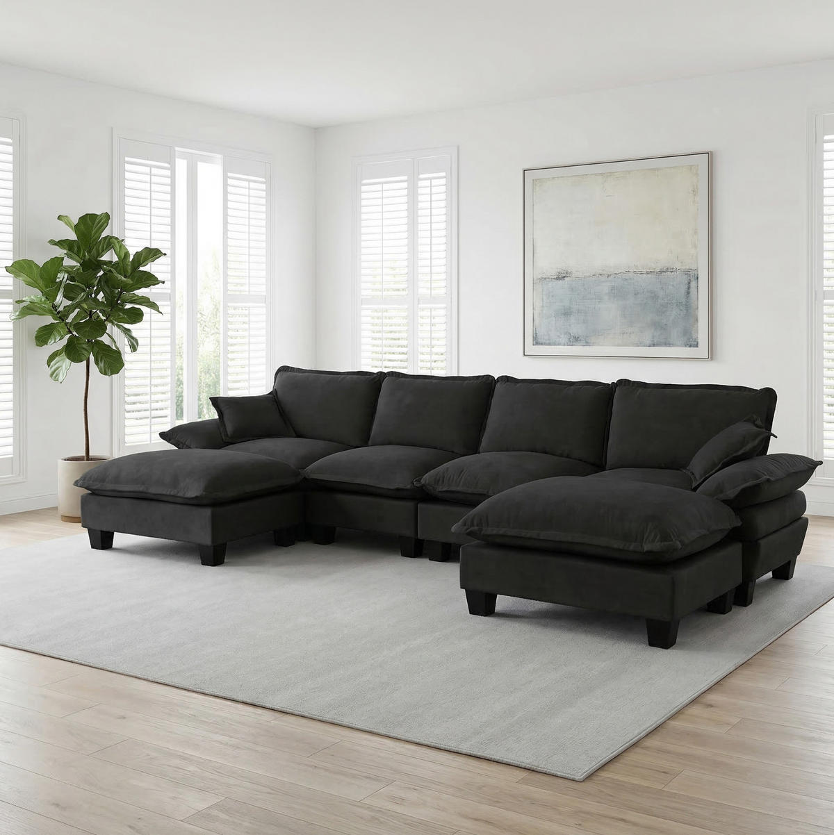 SOFA aus Chenille 334x155x90 cm in Schwarz mit Ottomanen-Modul - Schwarz, Textil (155/90/334cm) - Modfu