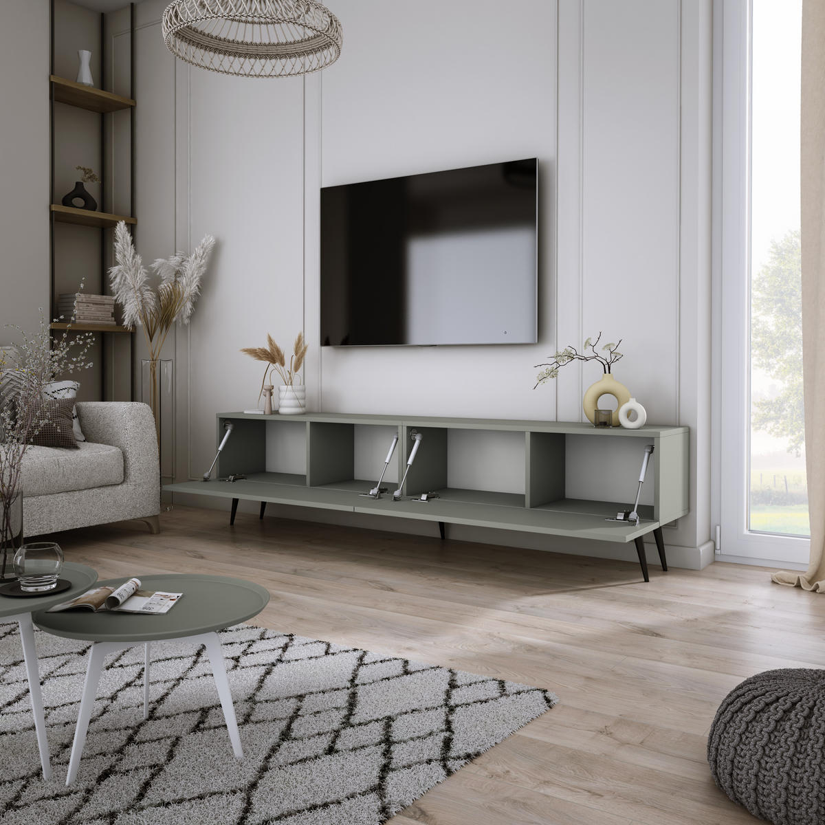 TV-SCHRANK : Aloe, 170 x 52 x 32 cm, schwarze Beine - Schwarz/Grün, Holzwerkstoff/Metall (170/52/32cm) - 3XE LIVING