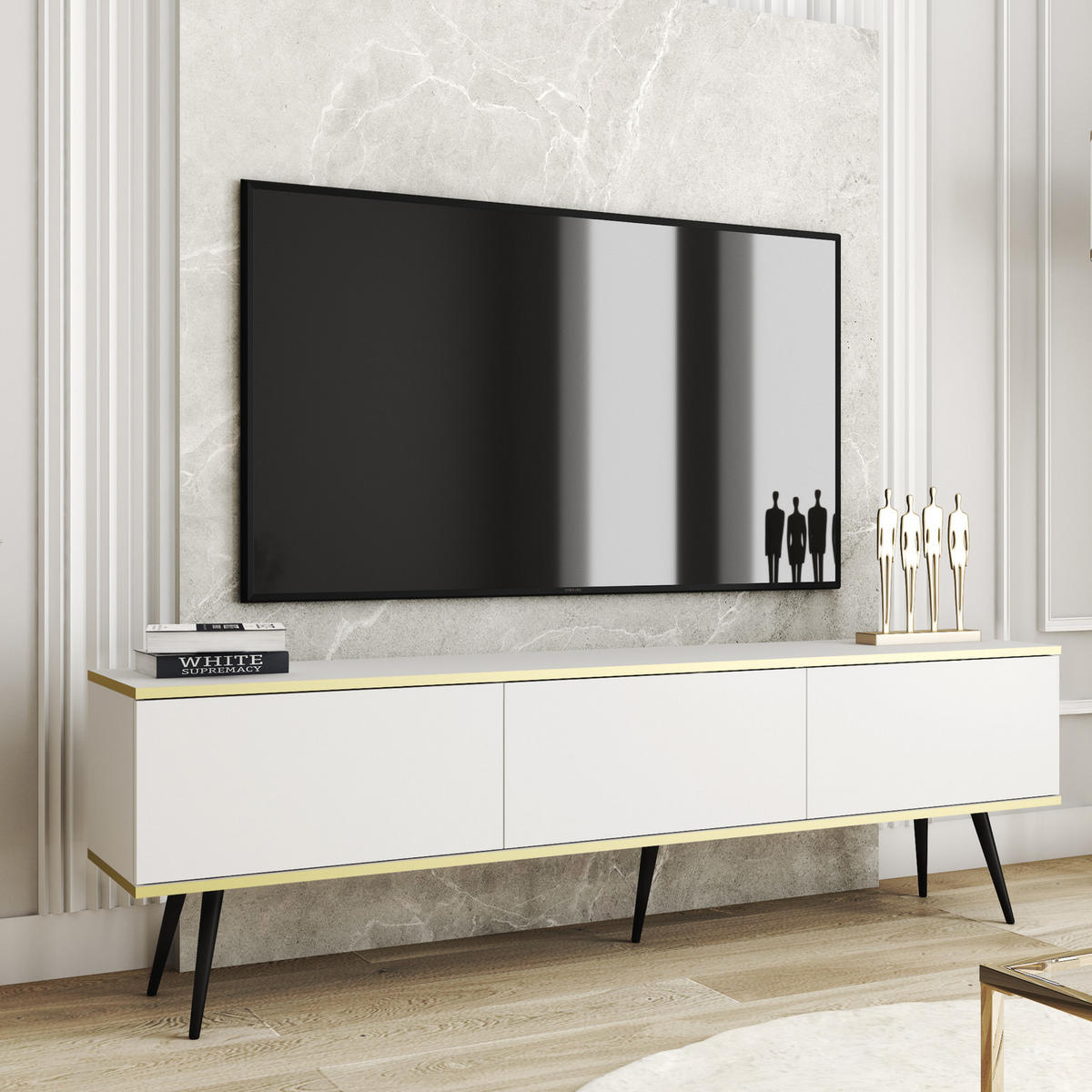TV-LOWBOARD FORNO (Weiß, Goldene Details, 3 Türen, schwarze Metallfüße, 175 cm) - Schwarz/Weiß, Holz/Holzwerkstoff (175/53/32cm) - Ravio