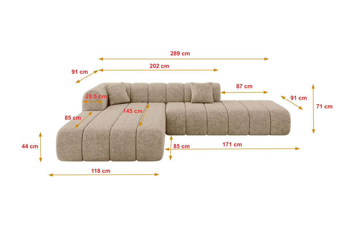 ECKSOFA Ottomane Links BILA-L 289x176x71 Braun Chenille - Cognac/Schwarz, Holzwerkstoff/Kunststoff (176/289cm) - ALTDECOR