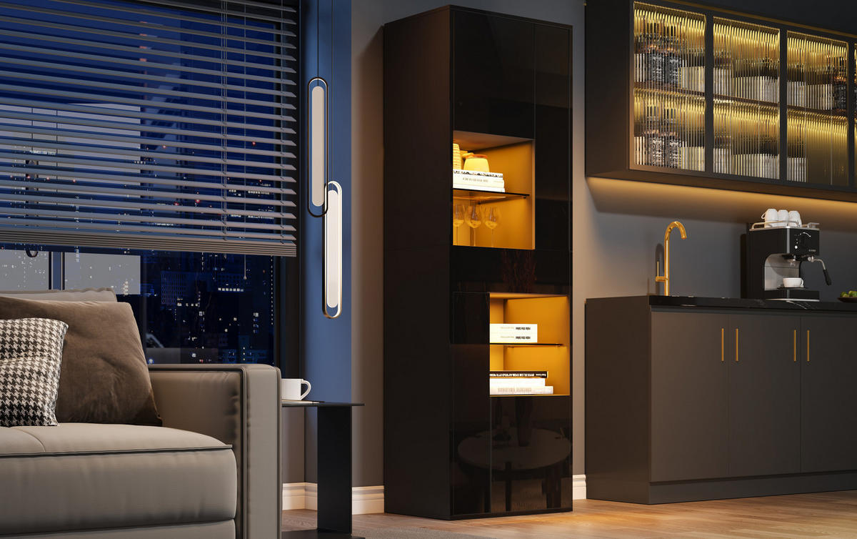 VITRINE 55/38/170 cm schwarz aus Spanplatte mit LED und Hochglanzfront - Schwarz, Holzwerkstoff (55/170/38cm) - OKWISH