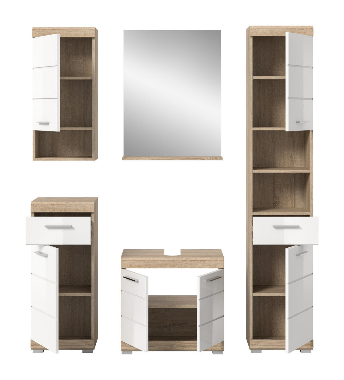 BADMÖBEL-SETWEISS Hochglanz, Eiche 5-teilig 164 cm, Komplettset mit viel Stauraum - Weiß Hochglanz/Eichefarben, Holzwerkstoff (164/191/34cm) - Inn.Furn