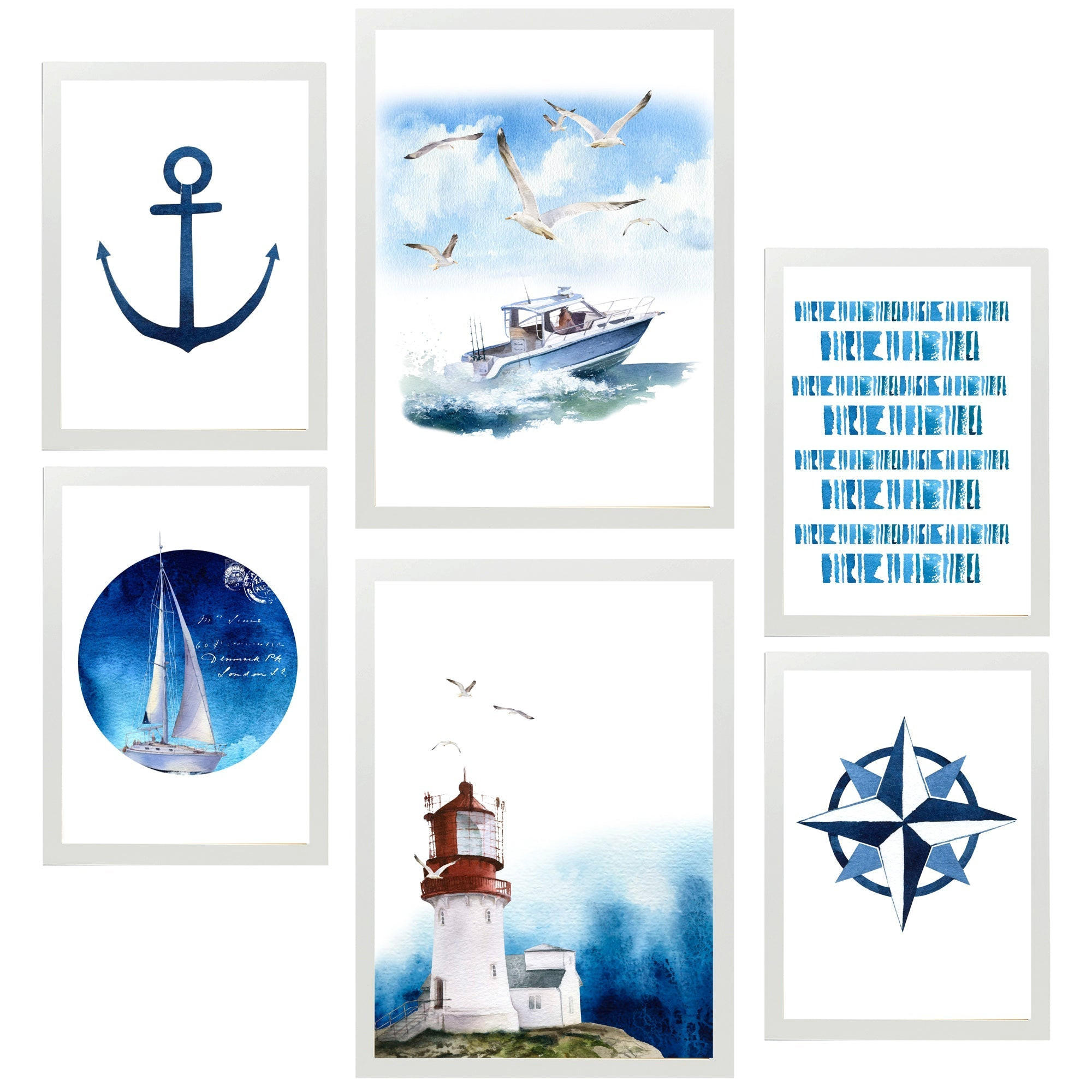 POSTER Set Mit 6 Dekoratives, Blatt Mit Marineblauer A3 & A4 Weißer Rahmen - Weiß, Papier (29/3cm) - Nacnic