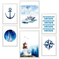 POSTER Set Mit 6 Dekoratives, Blatt Mit Marineblauer A3 & A4 Weißer Rahmen - Weiß, Papier (29/3cm) - Nacnic