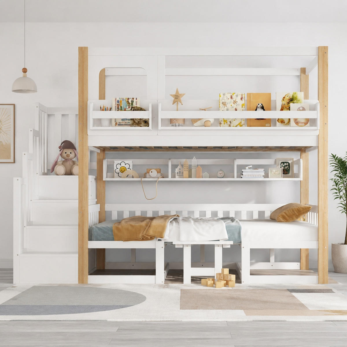 HOCHBETT 90/200 mit Tisch, Bücherregal und Aufbewahrungstreppe in Weiß und Natur - Weiß/Naturfarben, Holzwerkstoff (90/200cm) - EVRYAE