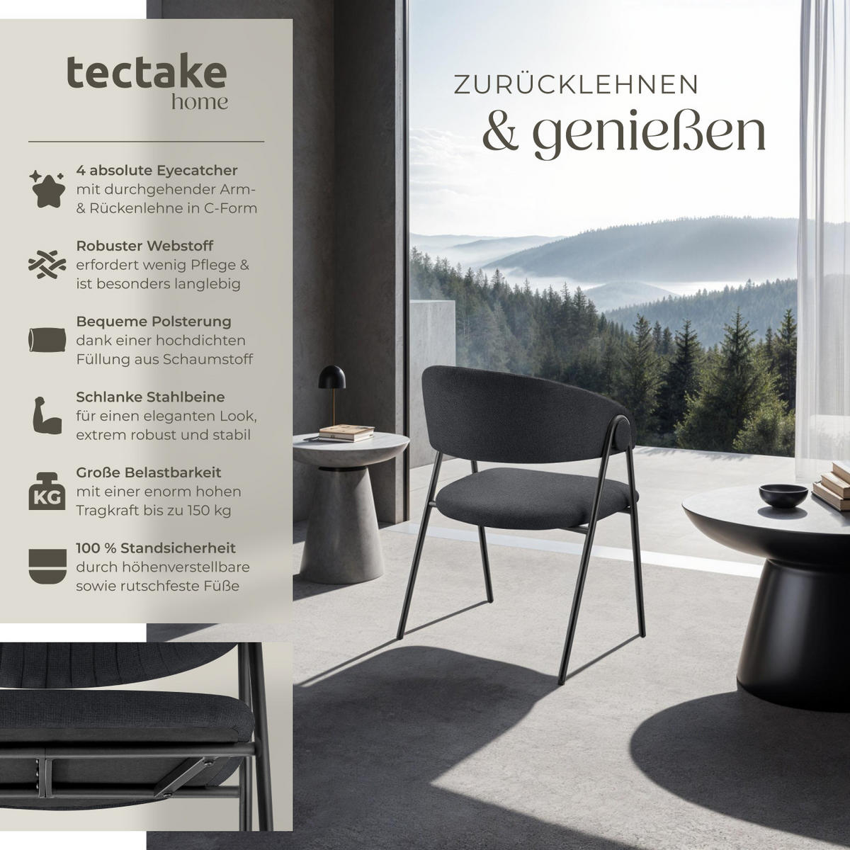 ARMLEHNSTUHL 4er Set Bedano 60 x 58 x 85 cm schwarz - Schwarz, Kunststoff (60/85/58cm) - tectake