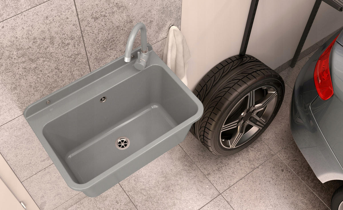 SPÜLBECKEN Larg mit Batterie Siphon - Grau, Kunststoff (42/30/61cm) - Granitan