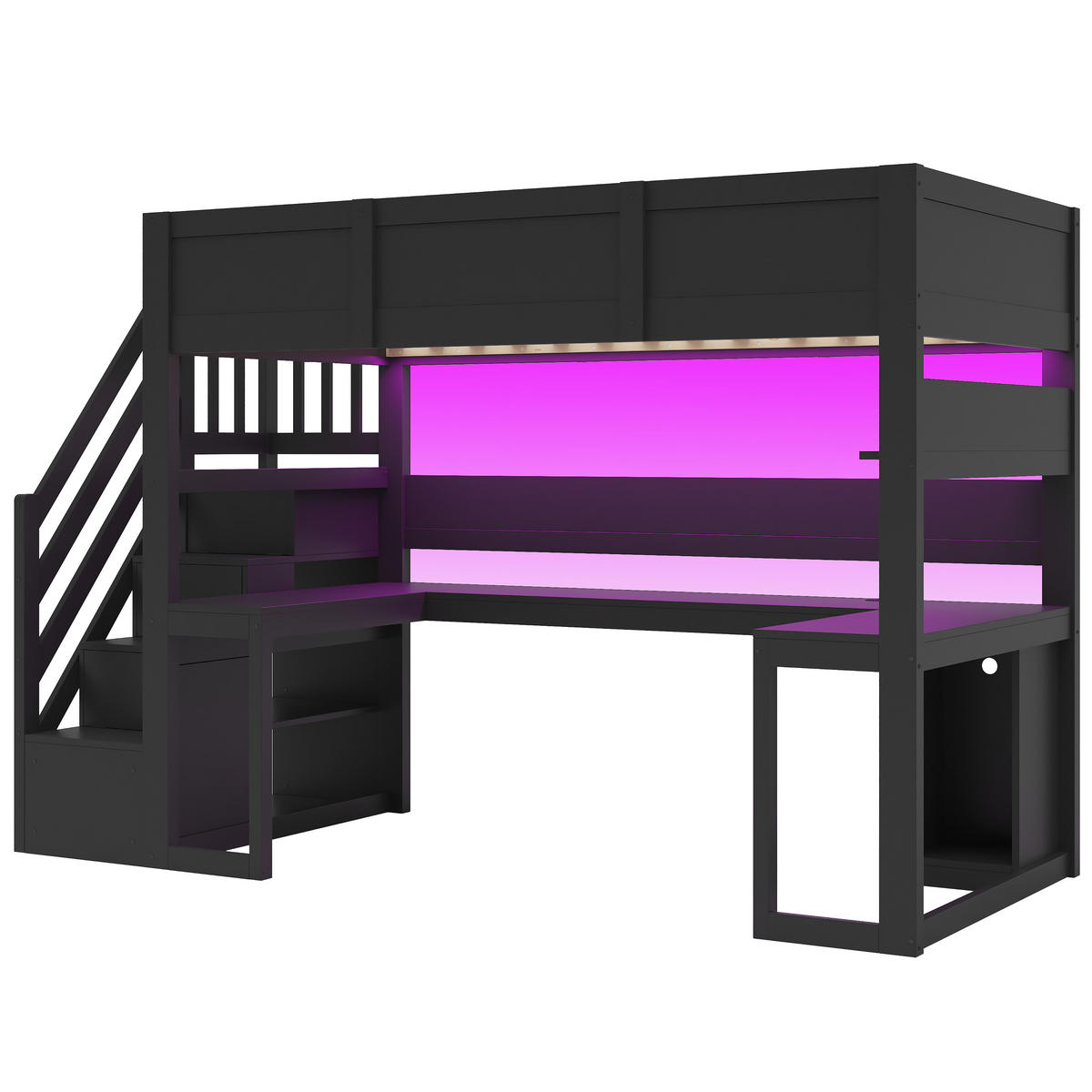 HOCHBETT 90 x 200 cm mit Schreibtisch LED-Beleuchtung und USB-Anschluss, Schwarz - Schwarz, Holz (90/200cm) - KOMHTOM
