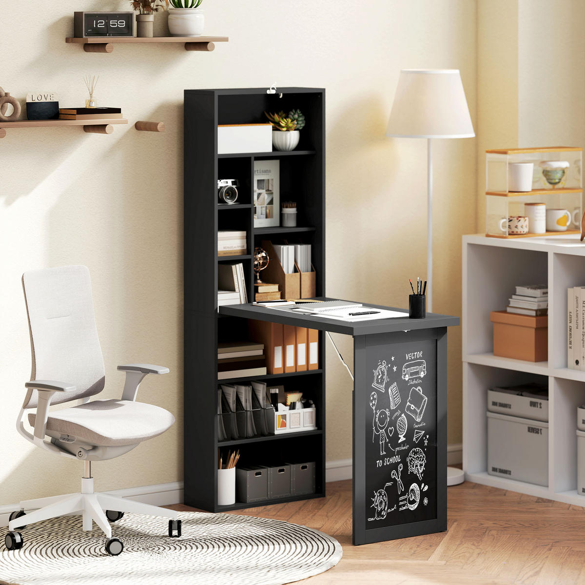 SCHREIBTISCH Schwarz klappbar mit Regal und Tafel 98/51/153 cm - Schwarz, Holzwerkstoff (51/98/153cm) - PANGIVO