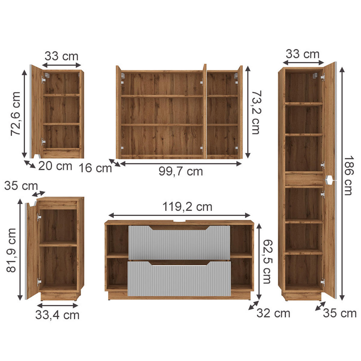 KOUPELNOVÝ NÁBYTEK Lotta Dubový/šedý pruhovaný - šedá, kompozitní dřevo (119.2/62.5/35cm) - Vicco