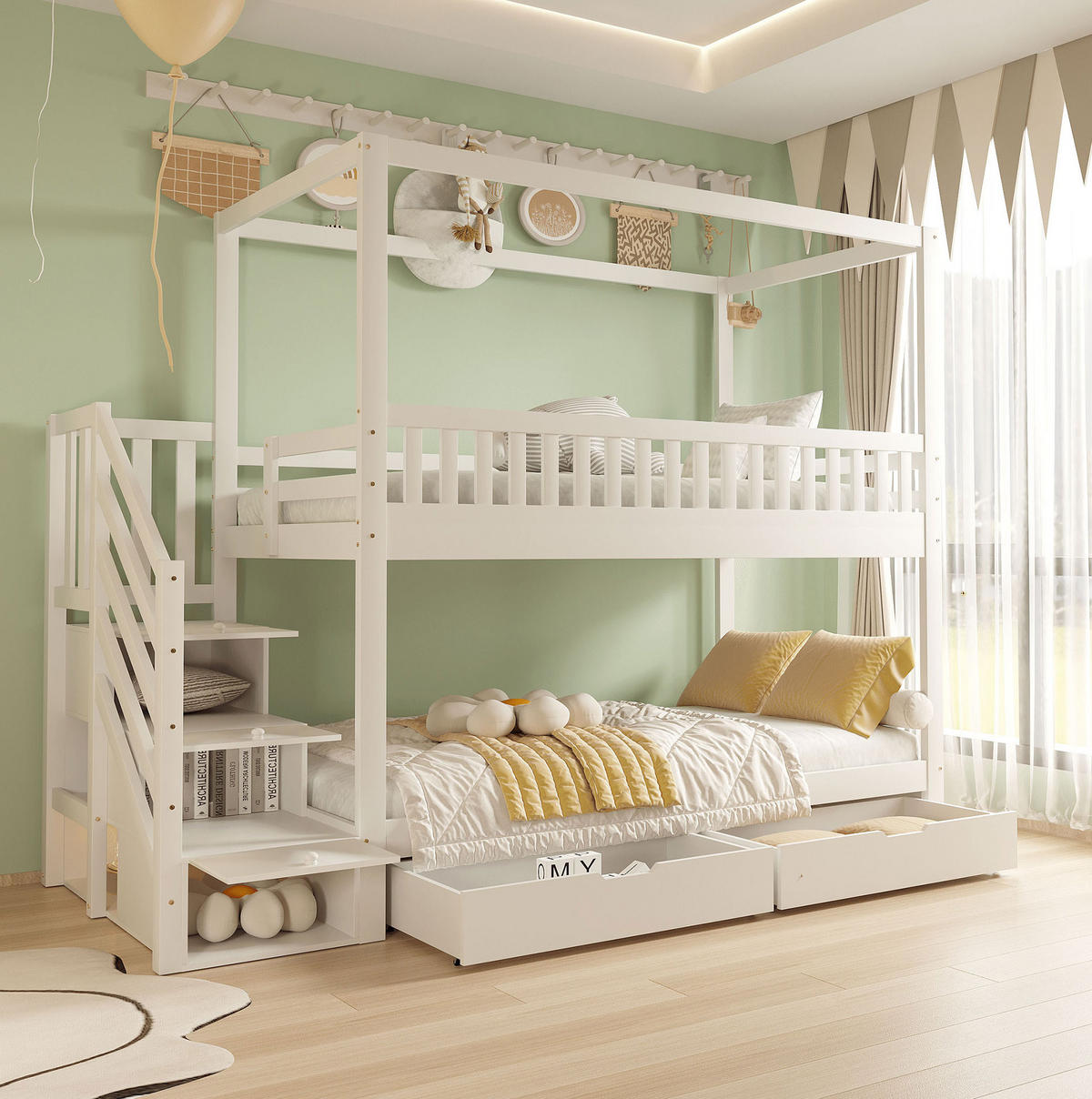 ETAGENBETT 90/200 cm aus Massivholz mit Hausform und Sicherheitsleiter - Weiß, Holz (90/200cm) - OKWISH