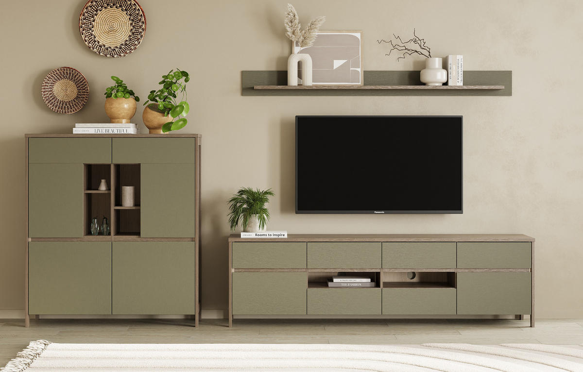 WOHNWAND Salbei grün, Eiche, Wohnkombination skandinavisch 3-teilig 319 cm, Soft-Close - Eichefarben/Salbeigrün, Glas/Holzwerkstoff (319/170/39cm) - Furn.Design