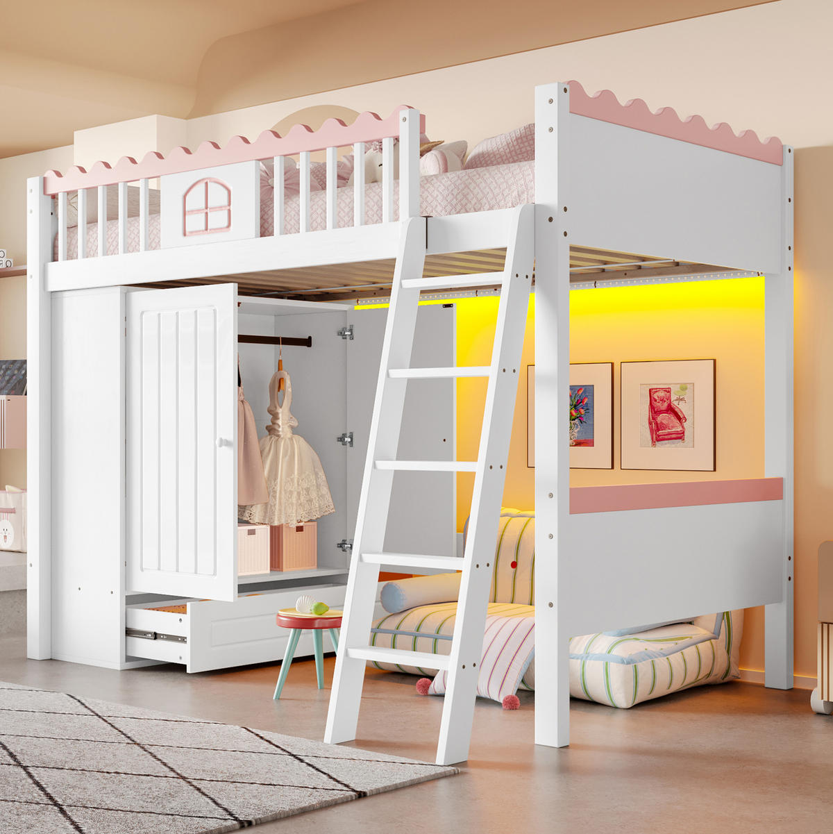 HOCHBETT 90/200 cm Weiß mit LED-Leuchten und Kleiderschrank mit Matratze - Weiß, Holzwerkstoff (90/200cm) - OKWISH