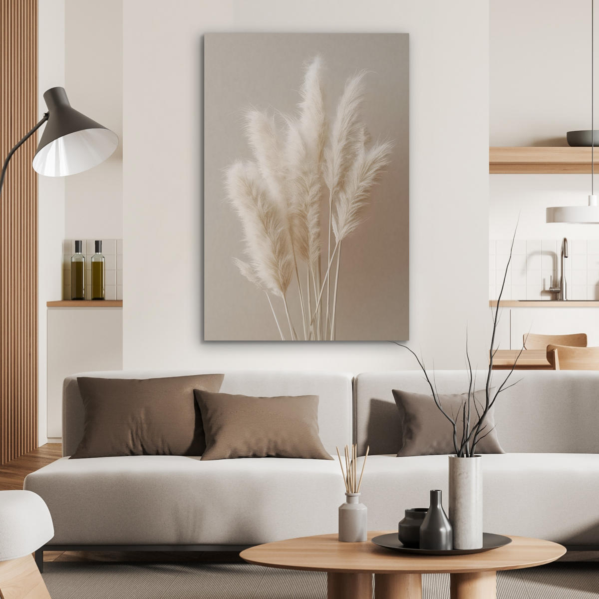 AKUSTIKBILD Pampasgras - Federn - Pastell - Weiß Wanddeko 60x90 cm - Naturfarben, Kunststoff (60/90/0.9cm) - MuchoWow