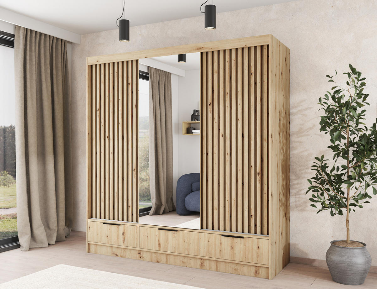 SCHIEBETÜRENSCHRANK - Schrank Yoga 180 mit Spiegel - Eiche Artisan - Schwarz/Eiche Artisan, Holzwerkstoff/Metall (180/204/60cm) - Möblo