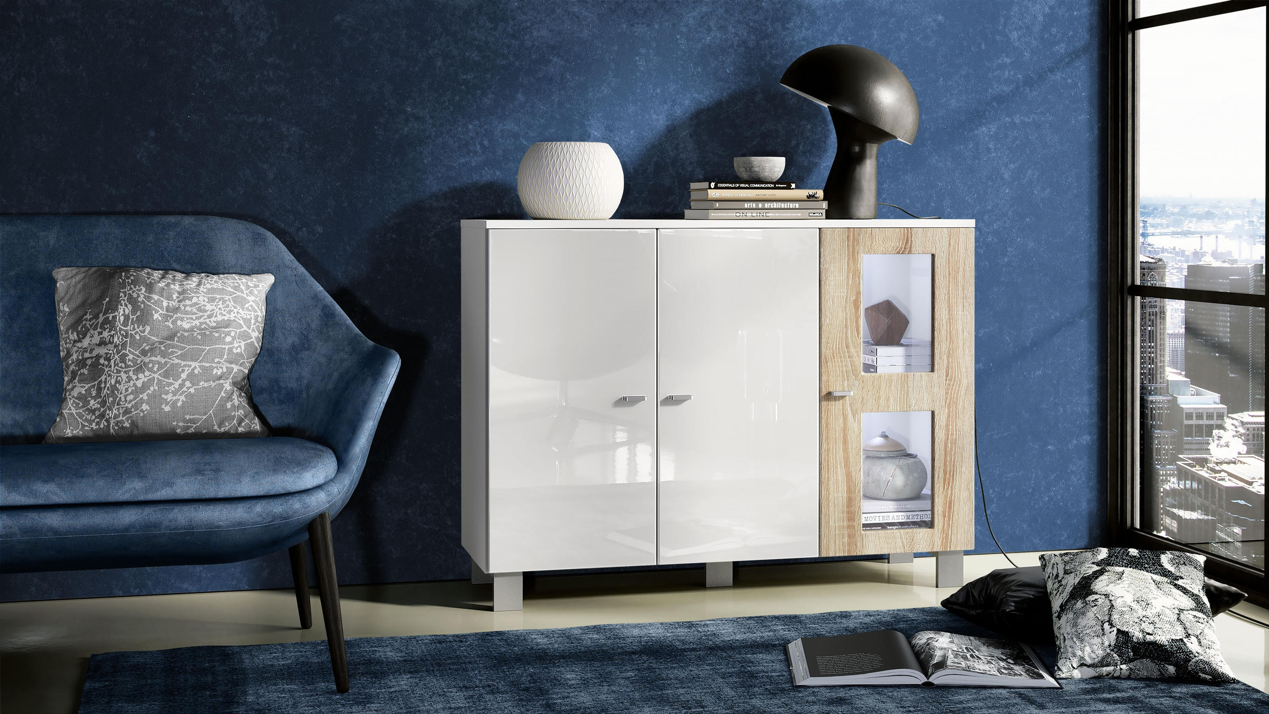 SIDEBOARD Denjo Tür in Eiche sägerau - Eiche San Remo, Holzwerkstoff (107/81/35cm) - Vladon