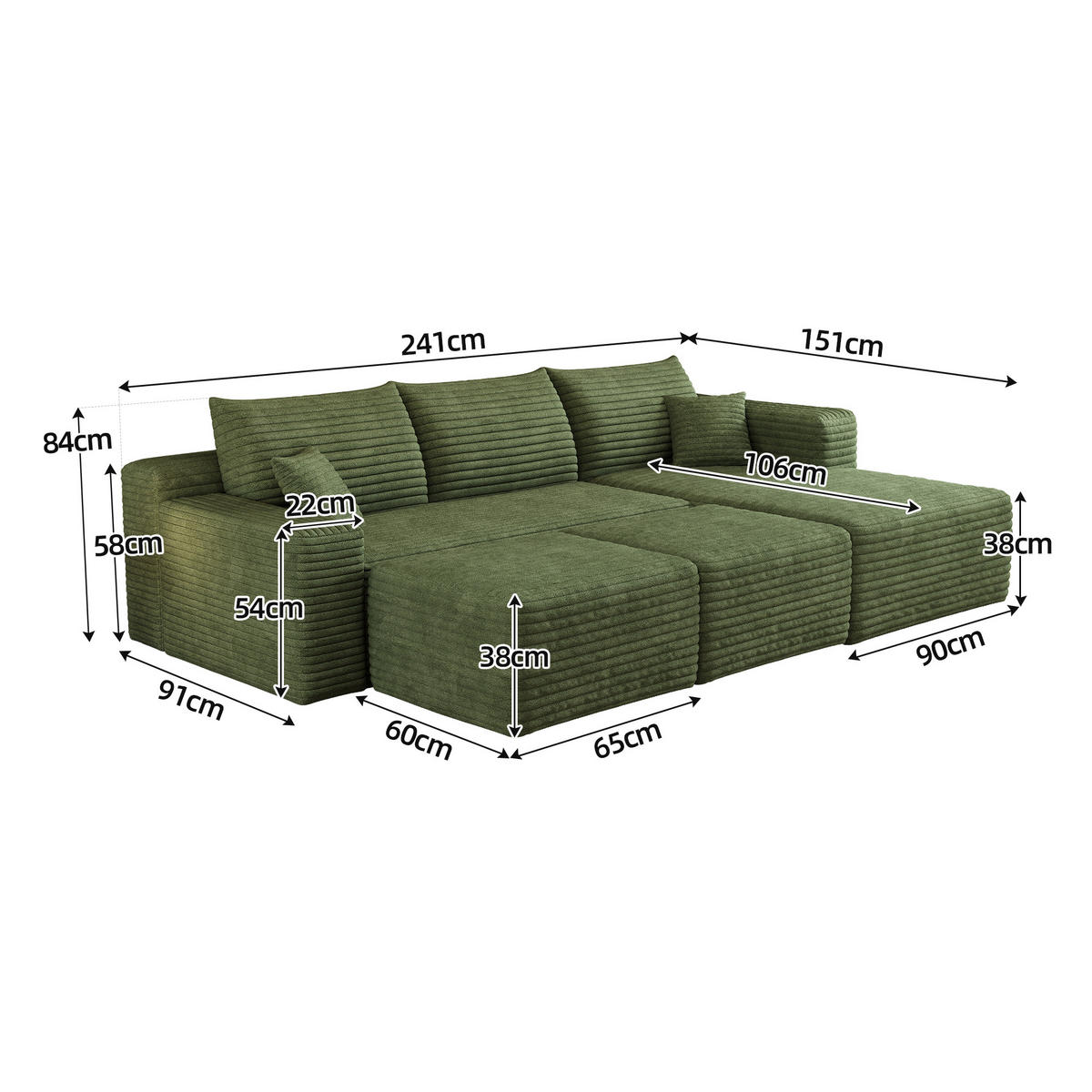 WOHNLANDSCHAFT Cord Grün ohne Montage - Grün, Textil (241/58/151cm) - WISHDOR
