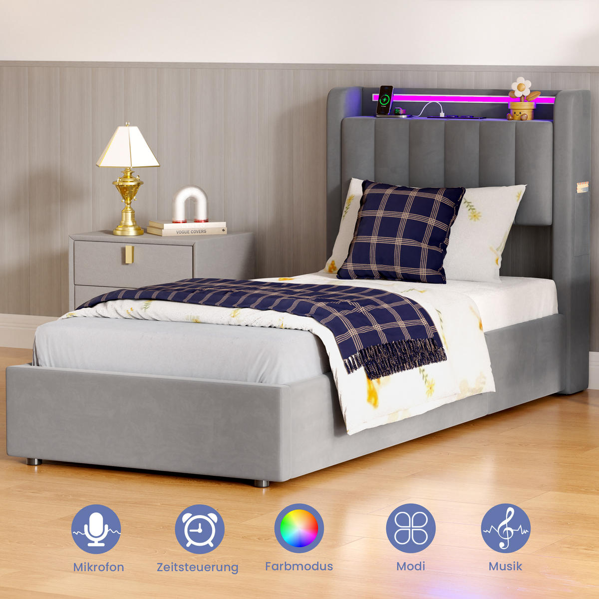 POLSTERBETT 90/200 cm Grau mit LED-Lichtleiste und USB-Anschlüssen - Grau, Holzwerkstoff (90/200cm) - OKWISH