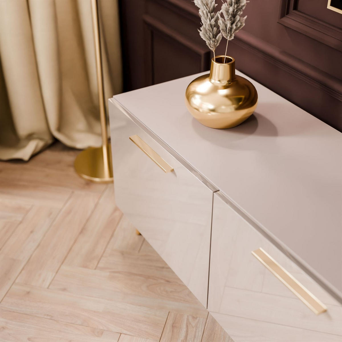 TV-ELEMENT AURA 200 KASCHMIR Hochglanz auf schrägen goldenen Beinen + LED - Kaschmir/Goldfarben, Holzwerkstoff (200/49/40cm) - Lookway