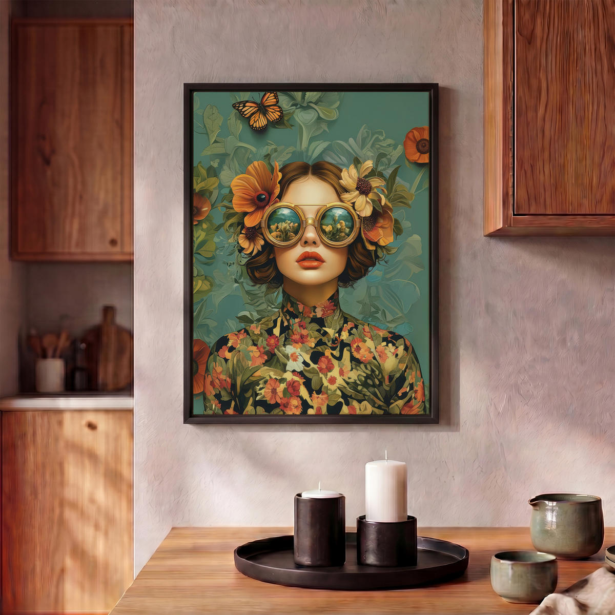 LEINWAND Bilder mit Rahmen - Frau - Blumen - Schmetterlinge - Natur - Vintage - 30x40 - Salbeigrün, Textil (30/40cm) - MuchoWow