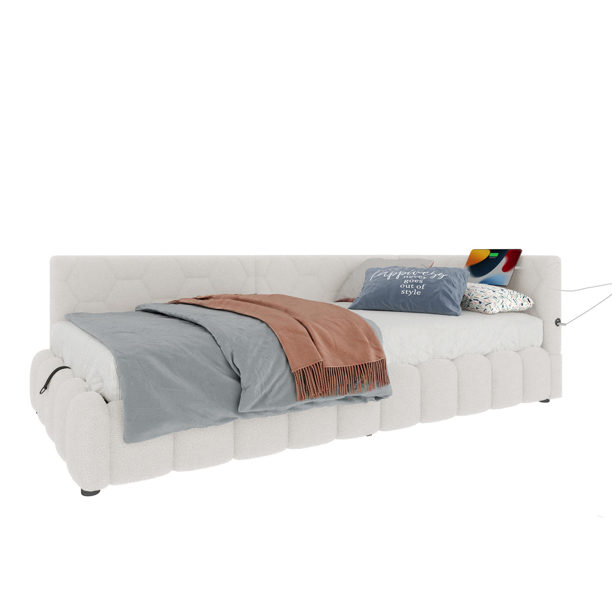 POLSTERBETT mit LED-Beleuchtung 90/200 cm mit Bettkasten & USB/Typ-C - Weiß, Textil (90/200cm) - BEAOK