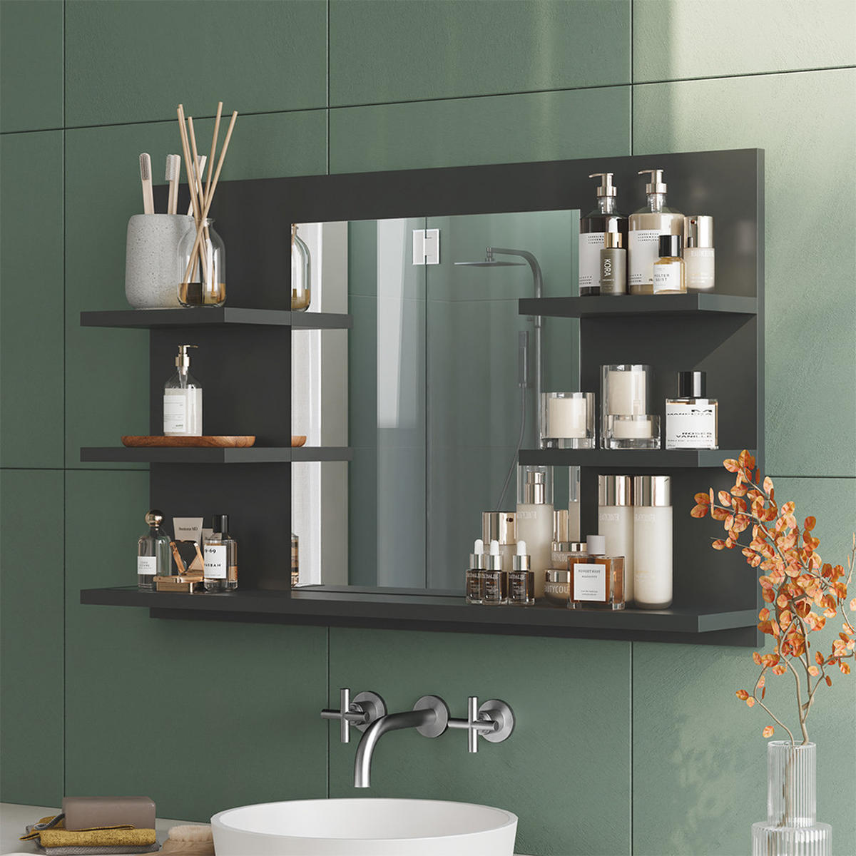 BADSPIEGELSCHRANK Wilbur Anthrazit 78 x 50 cm mit Regalen - Anthrazit, Holzwerkstoff (78/50/13.6cm) - Vicco