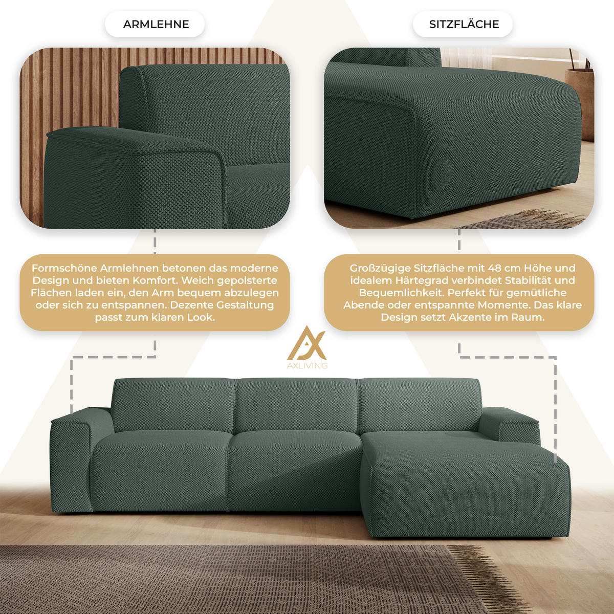 ECKSOFA L Form Didim mini Grün 310/165/78 cm – stilvolle kleine Eckcouch R - Schwarz/Grün, Kunststoff/Textil (310/165cm) - AX Living