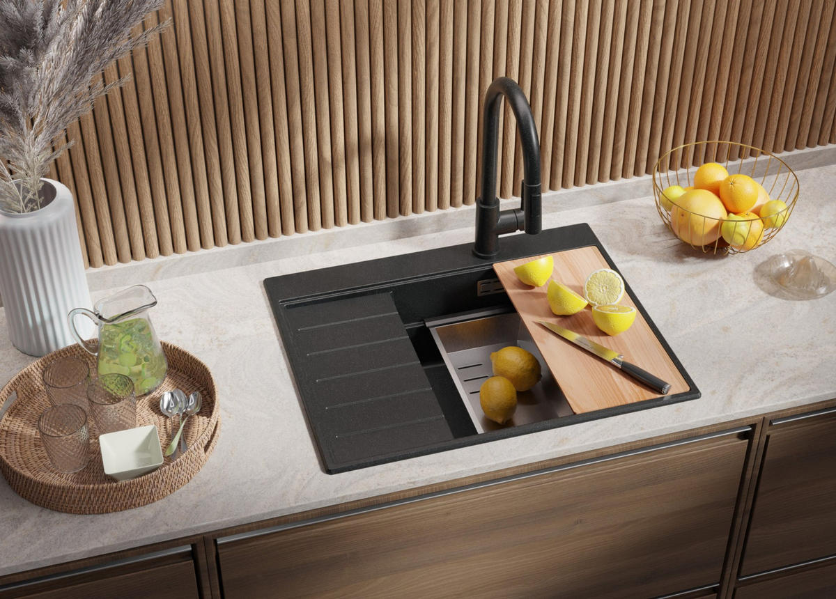 SPÜLBECKEN Sydney, 2-er set Anthrazit 62/50 cm 1 Becken + Ablauf-Set + Küchenzubehörset ab 45er Unterschrank - Chromfarben/Anthrazit, Kunststoff (62/20/50cm) - Primagran