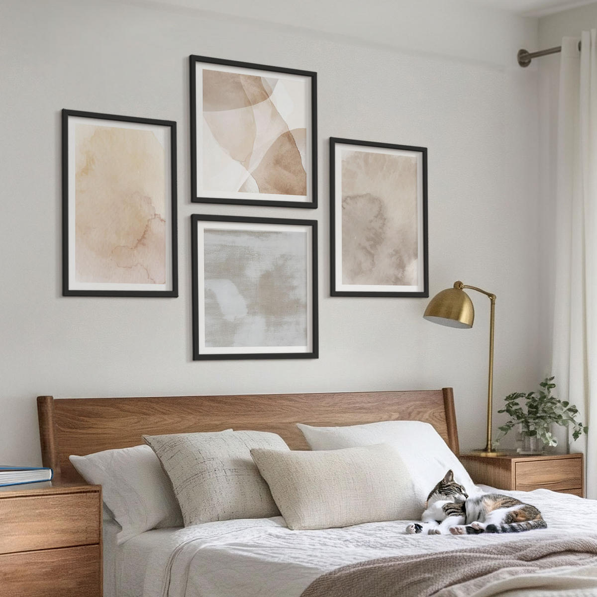 WANDBILDER 4er-Set - 50x50 cm & 40x60 cm Schwarzer Rahmen - Warme Aquarell-Pastelltexturen - Schwarz, Kunststoff (50/50cm) - ArtPrintCave