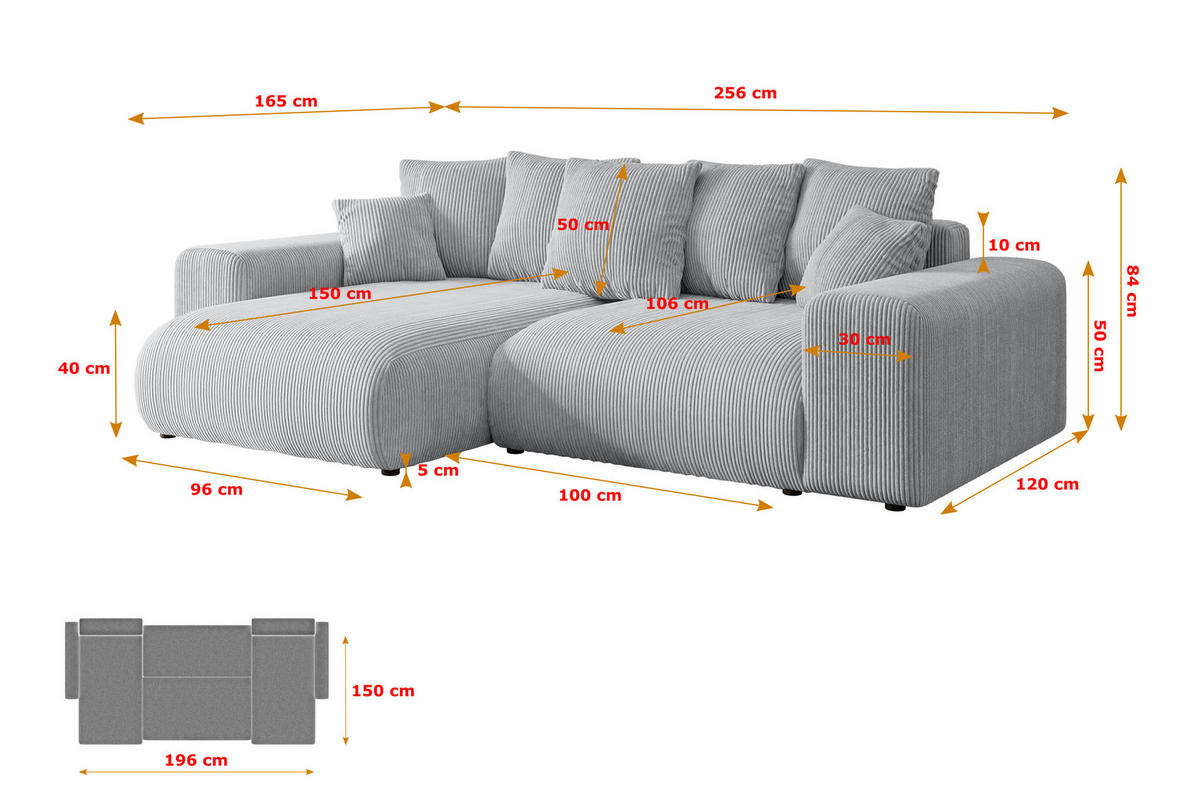 ECKSOFA mit Schlaffunktion und Bettkasten ESKAR-L 256x165x84cm Grau Cord - Schwarz/Grau, Holzwerkstoff/Kunststoff (256/165cm) - ALTDECOR