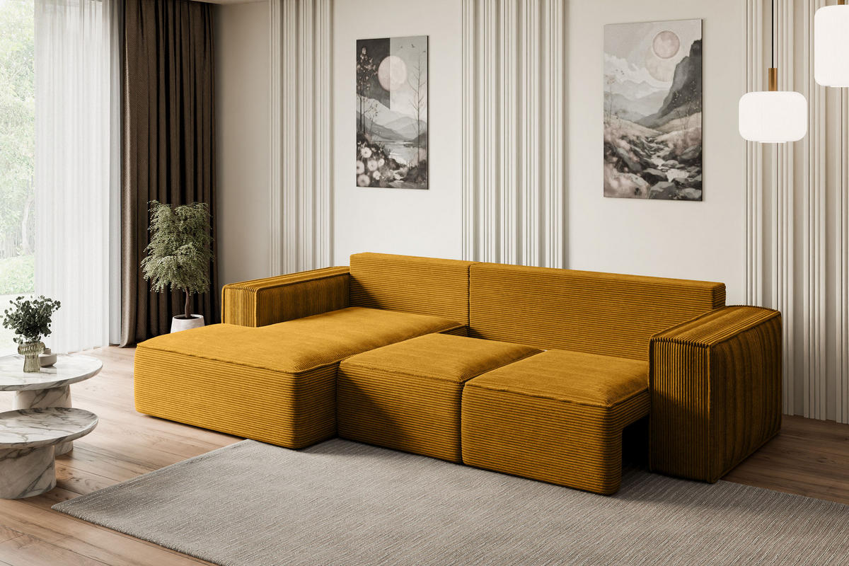 ECKSOFA mit Schlaffunktion und Bettkasten SERRA-L-S - 266x161x87 cm Senfgelb Cord - Currygelb/Schwarz, Holzwerkstoff/Kunststoff (266/161cm) - ALTDECOR