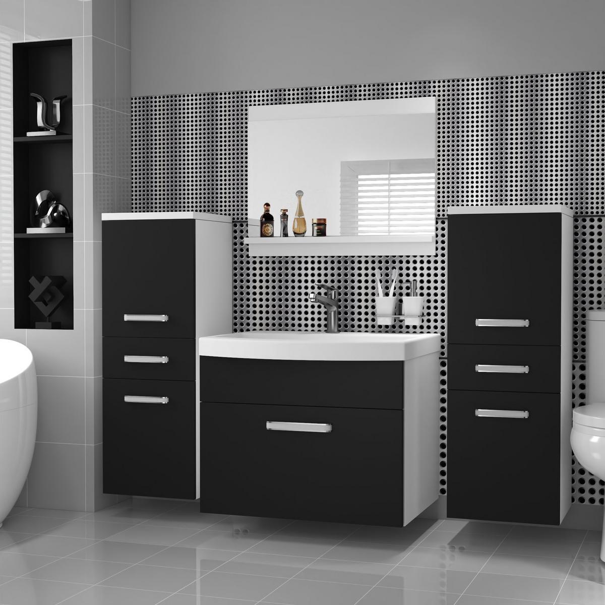 BADMÖBEL Badezimmer SET PRI M4, Schwarz Matt, 120 cm - Schwarz, Holz (38.7/113.5/120cm) - B BELINI GROUP