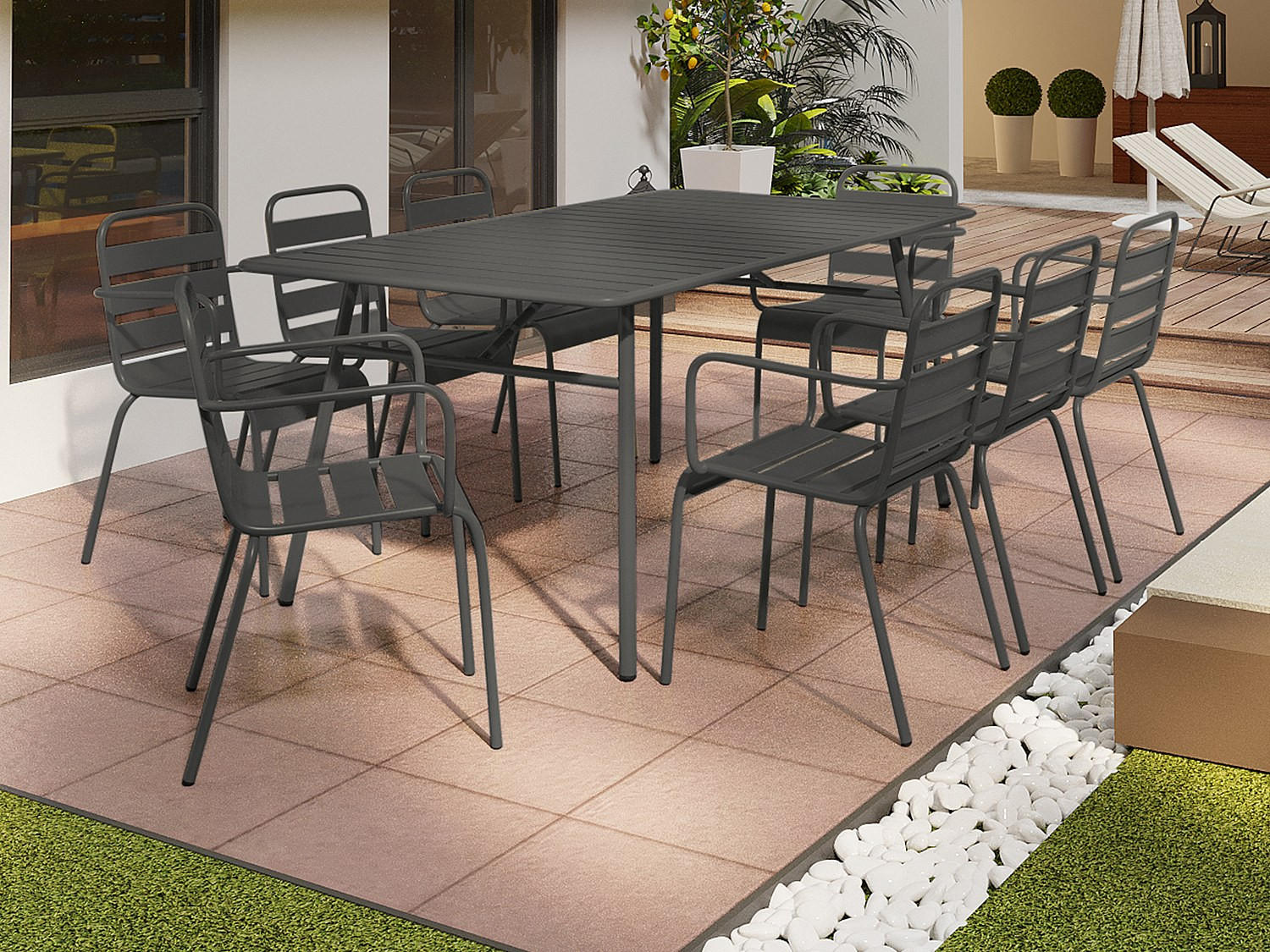 Thumbnail - Vente-Unique Gartenessgruppe, Anthrazit, Metall, Uni, 8-Sitzer, Rechteckig, Loungemöbel, Gartenlounge-Sets