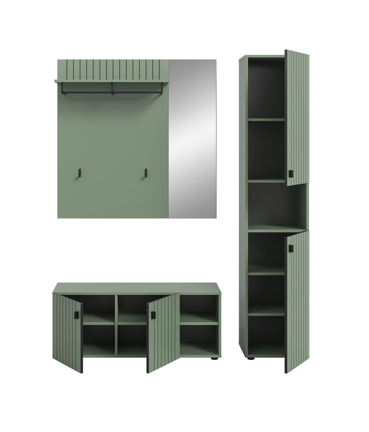 GARDEROBEN-SET STATION 3-tlg. (B/H/T: ca. 161/192/37 cm) in Smoke Green/Smoke Green - Dunkelgrün, Holzwerkstoff (161/192/37cm)