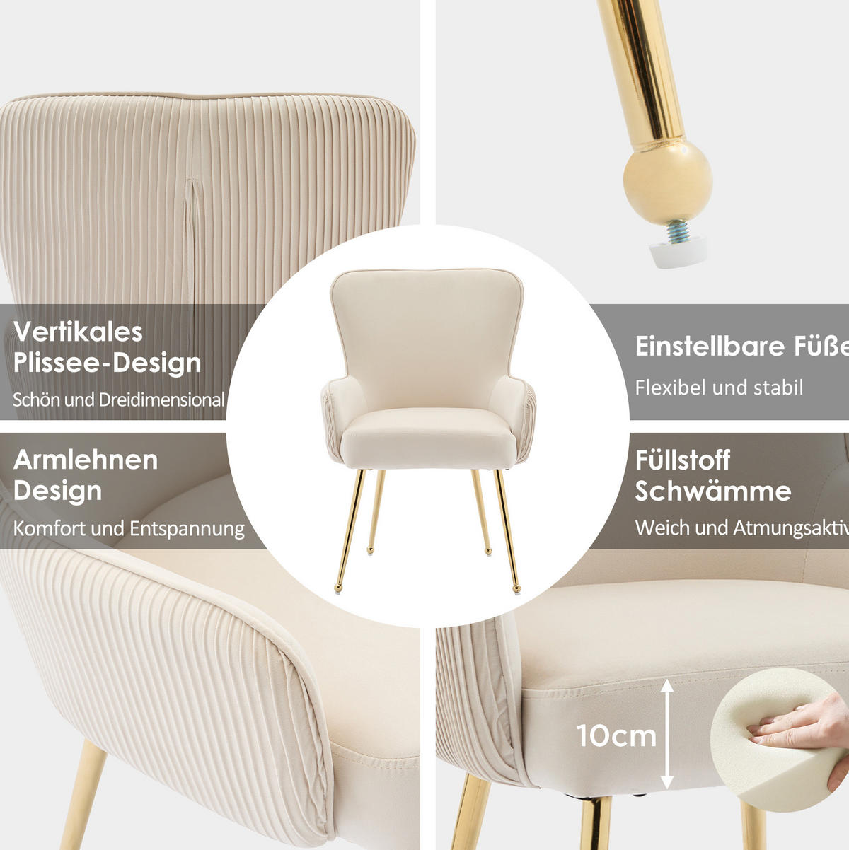 ESSZIMMERSTUHL 4er-Set mit Armlehnen Samt Beige/Gold - Beige, Metall (47.5/83/57.1cm) - Meubliv