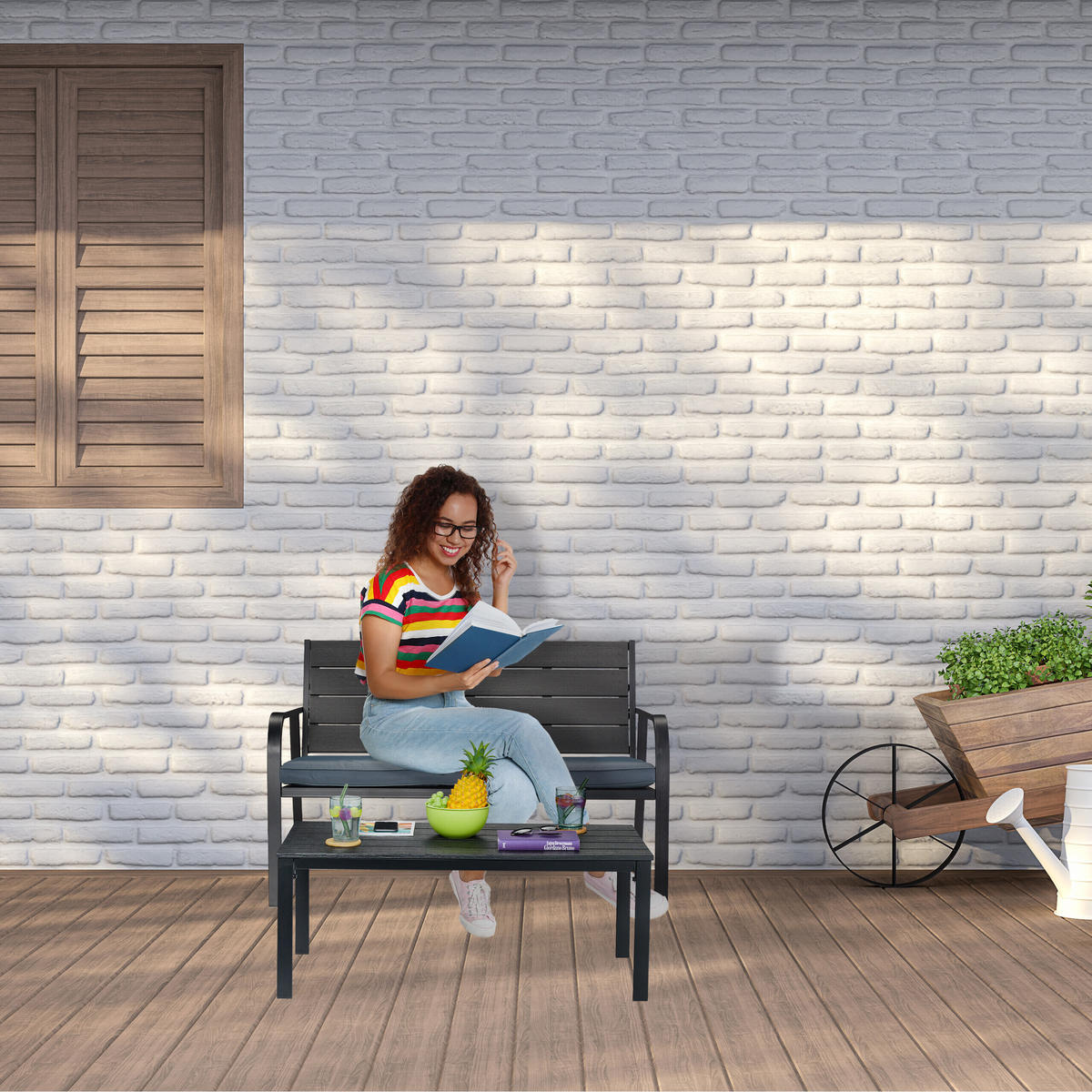 GARTENBANK - Schwarz, Kunststoff/Textil (118/78/66cm) - Relaxdays