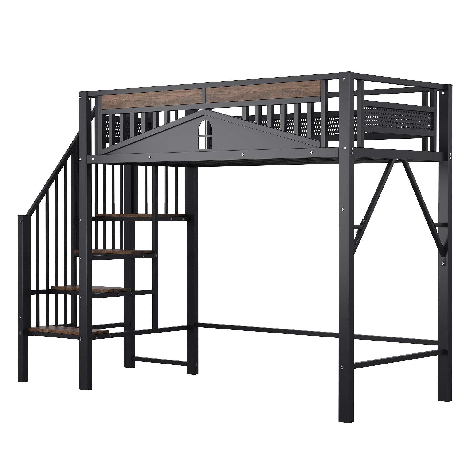HOCHBETT Schwarz aus Metall 90×200cm mit Fenster-Sicherheitsgitter und Stauraum-Sicherheitsleiter - Schwarz, Metall (90/200cm) - Luhomfu