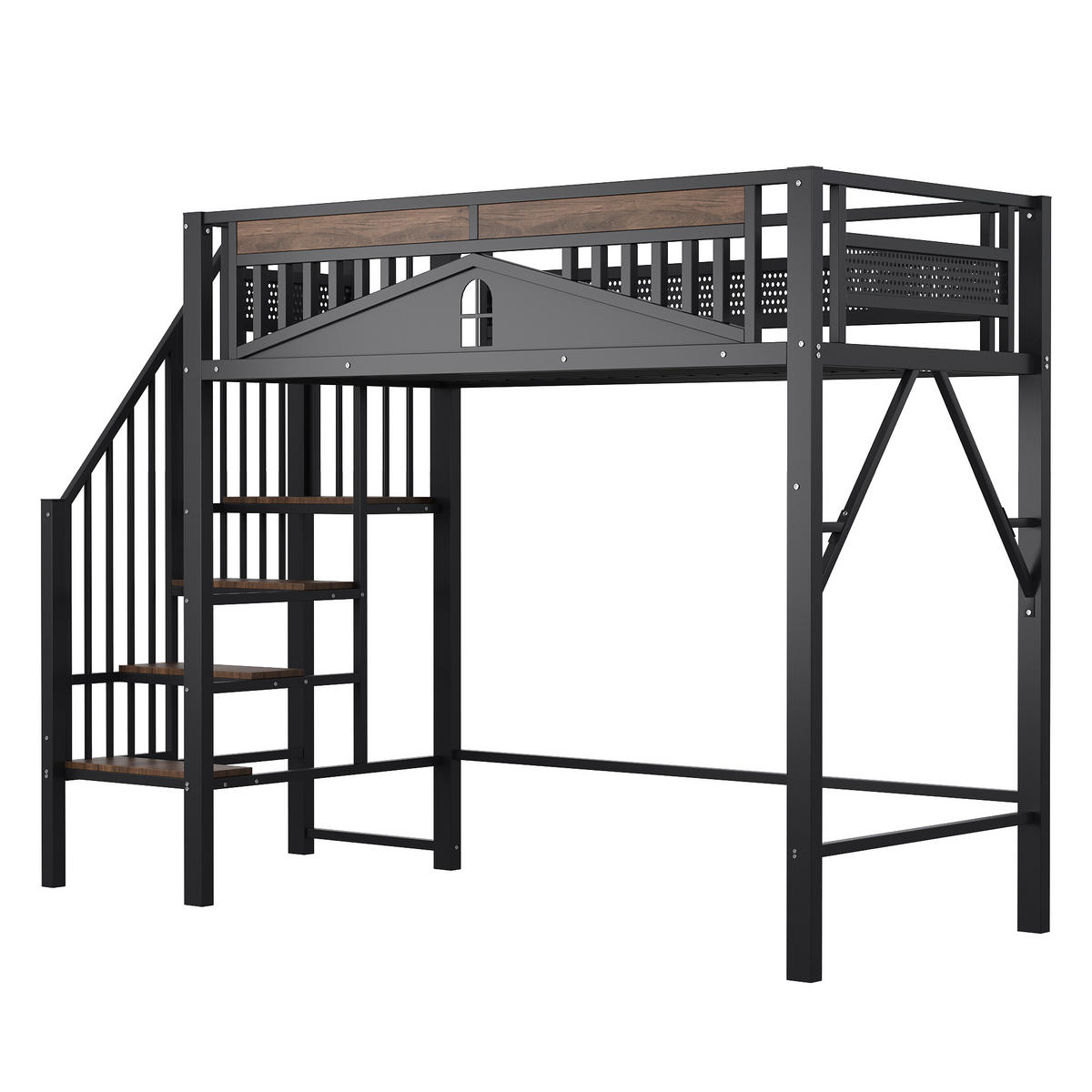 HOCHBETT 90/200 cm in Schwarz mit Stauraum und Fensterdesign - Schwarz, Holz/Metall (90/200cm) - STILVORA