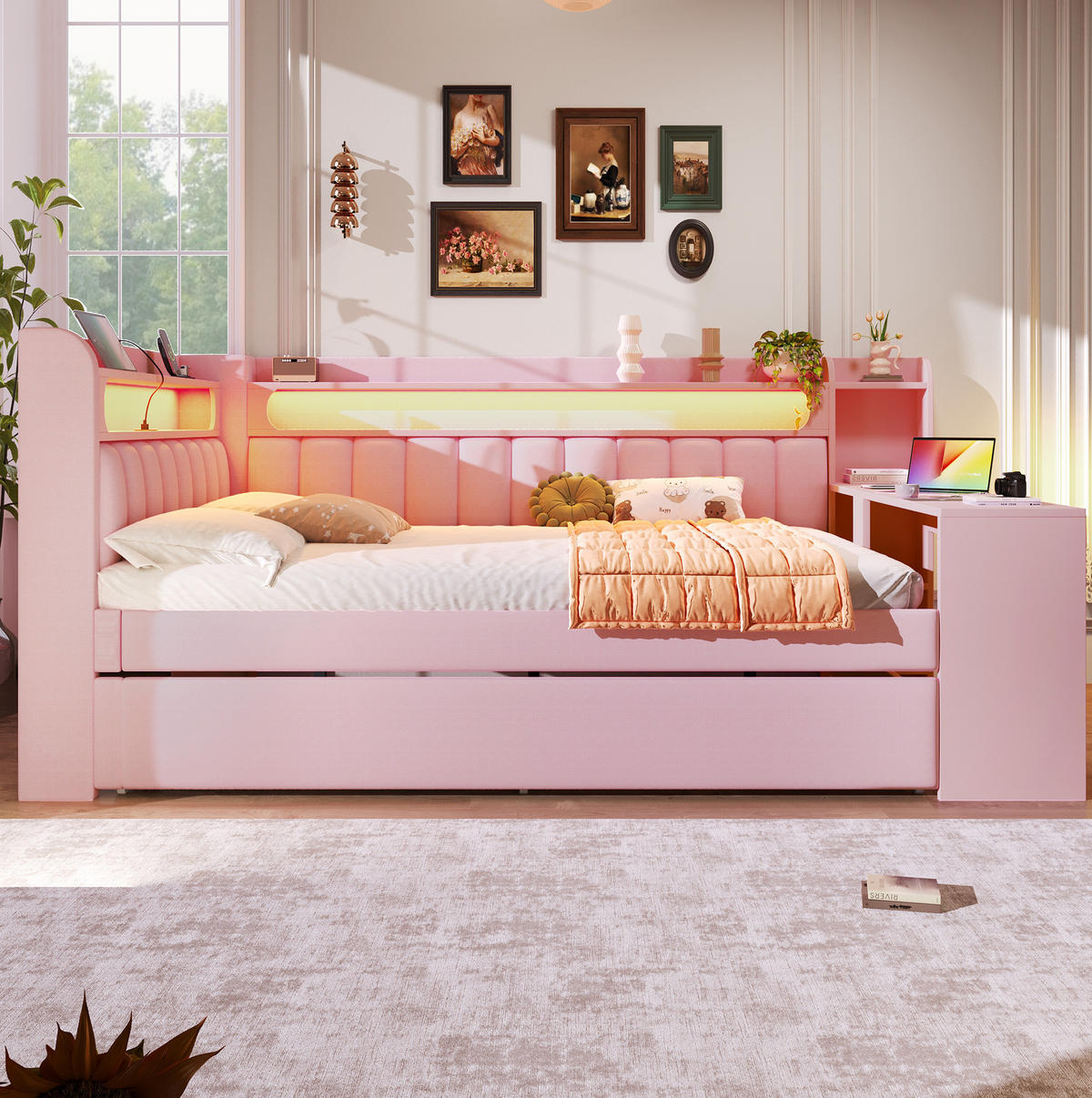 POLSTERBETT 140/200 cm mit LED-Beleuchtung, USB und Ausziehbett in Rosa - Rosa, Holzwerkstoff (140/200cm) - BEAOK