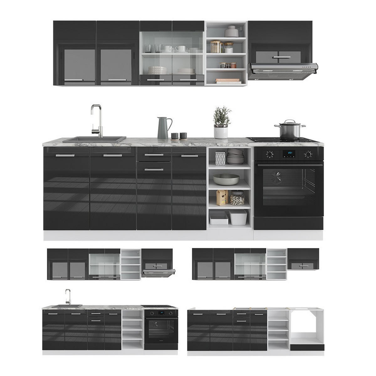 KUCHYNSKÝ KÚT R-Line Antracit vysoký lesk/biela 240 cm s pracovnou doskou - biela/čierna s vysokým leskom, kompozitné drevo (240/206.8/60cm) - Vicco