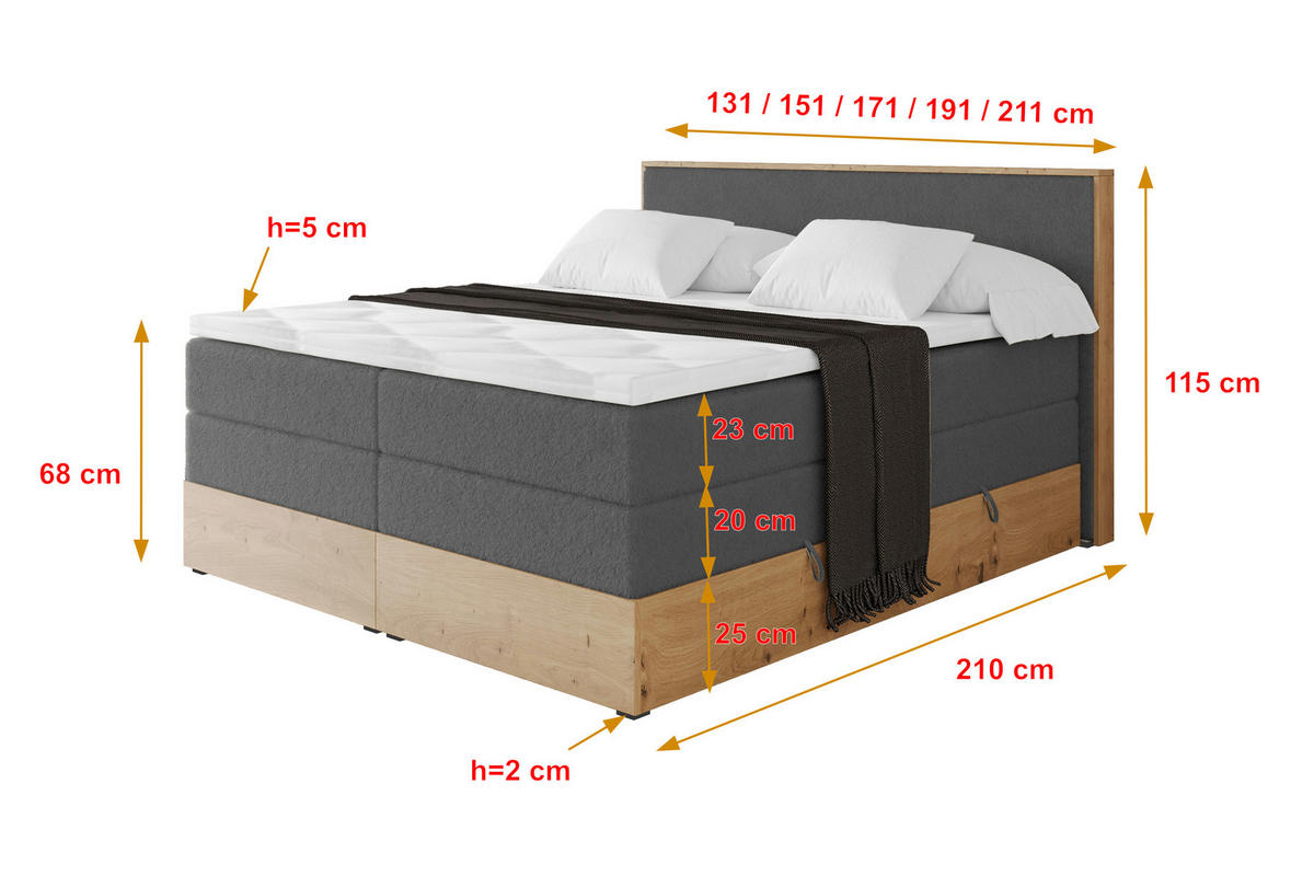 BOXSPRINGBETT LOLLI9 -KING 160x200 - H3/H4 Dunkelgrau - Graphitfarben, Holzwerkstoff (160/200cm) - ALTDECOR