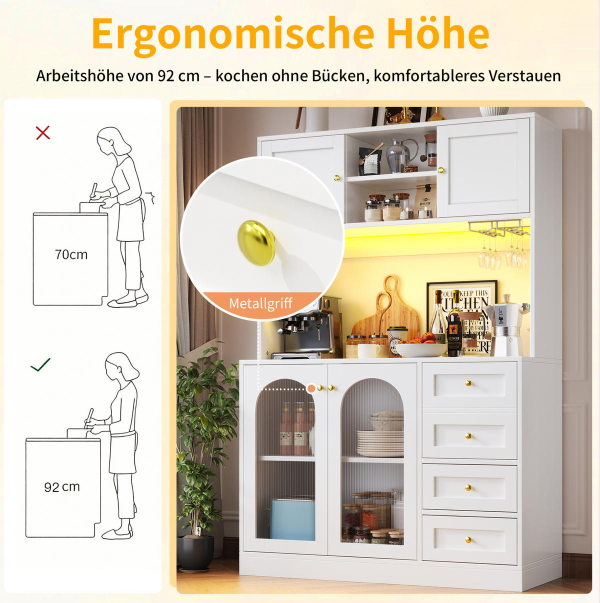 BUFFETSCHRANK 120/40/188 cm weiß aus MDF mit LED-Lichtleiste - Weiß, Holzwerkstoff (120/188/40cm) - OKWISH