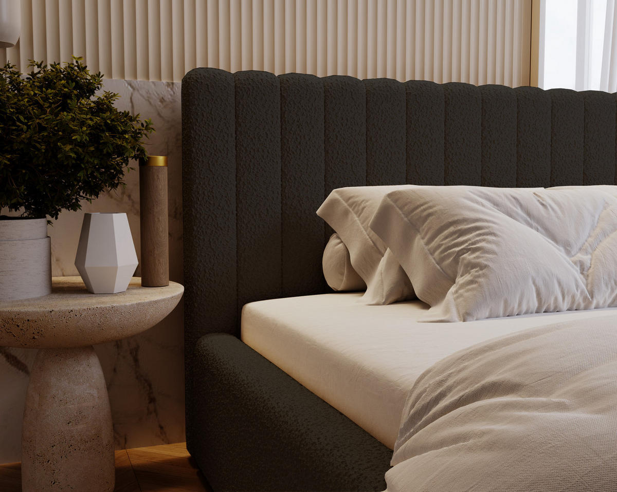 POLSTERBETT 140x200 Billo mit Bettkasten, Boucle Schwarz - Schwarz, Holz/Textil (140/200cm) - Emporius