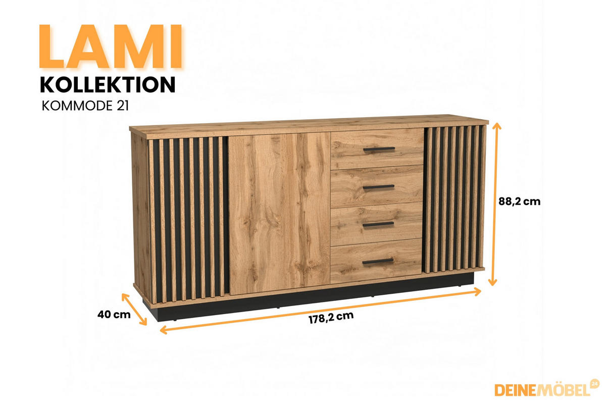 KOMMODE LAMI 21 178/88/40 cm in Wotan Eiche / Schwarz Matt mit Lamellen - Eiche Wotan/Schwarz, Holzwerkstoff (178/88/40cm) - Deine Möbel 24